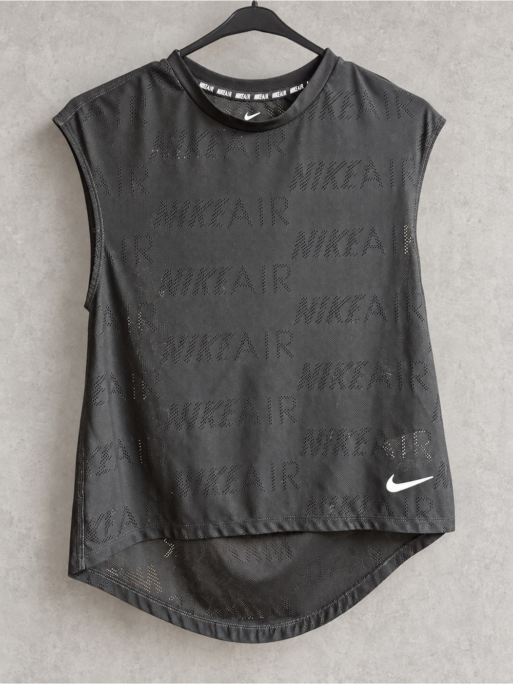 Nike Air Dri-FIT Black Mesh Tank Top Small Allover Logo High Low